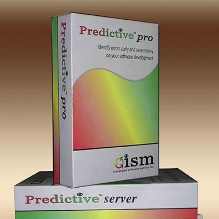 The Predictive product suite analyzes and predicts defects in software projects, allowing the user to identify the best metrics and thresholds to apply across one or more projects. Product packaging for the Predictive Pro, Server, and Light software products