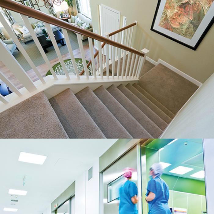 carpeted staircase, hospital, city buildings