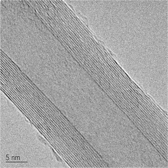 This transmission electron microscope high-resolution image shows aligned, high-quality, low-impurity carbon nanotubes grown by a novel process and system invented at Glenn Research Center. Carbon nanotubes