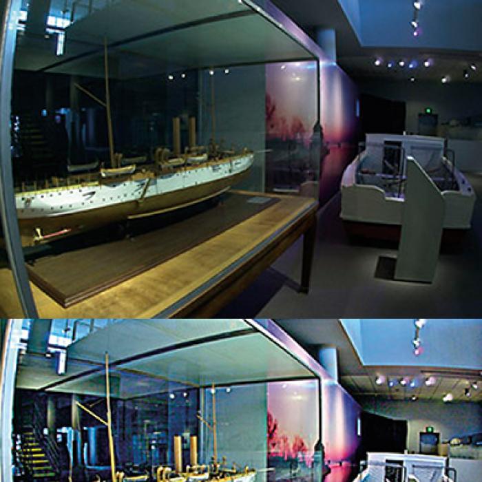 Two images of a model ship, the lower image has been lightened with PhotoFlair