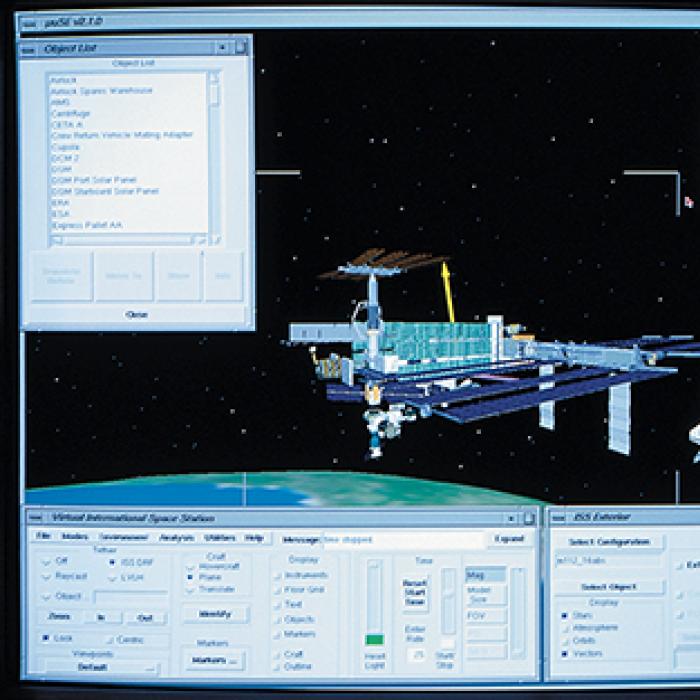 Screen shot of the EZopt program running a simulation of Space Shuttle docking trajectories