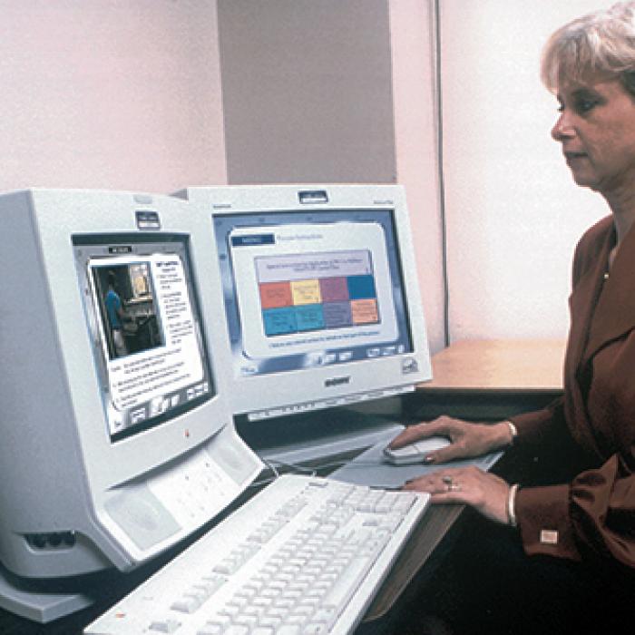 A woman undergoes on-the-job training on a computer