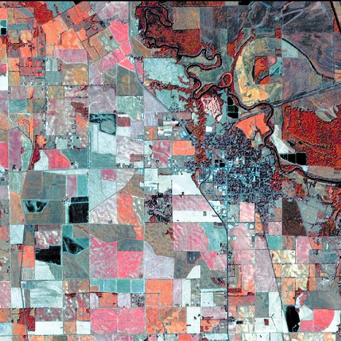 Satellite image of a section of Arkansas that looks similar to a patchwork quilt