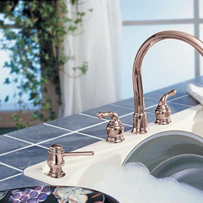 Monticello Inspirations Cathedral Spout Copper Kitchen Faucet and Copper Liquid Dispenser in LifeShine Copper