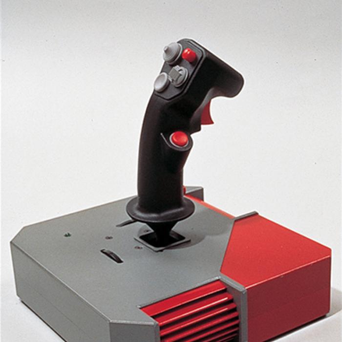 Gray and red joystick with base