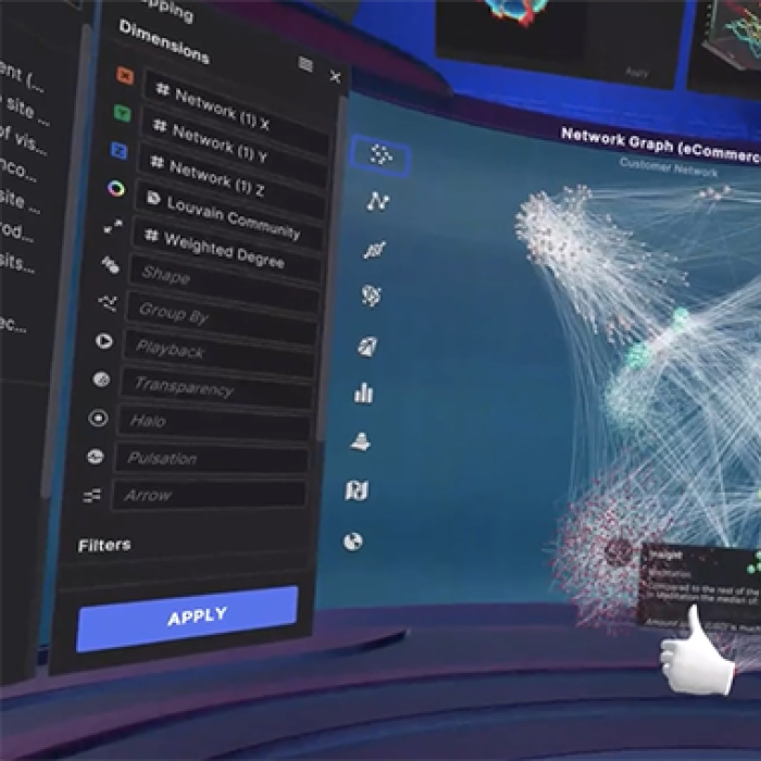 A researcher examines a data cloud in a virtual world created by Virtualitics software