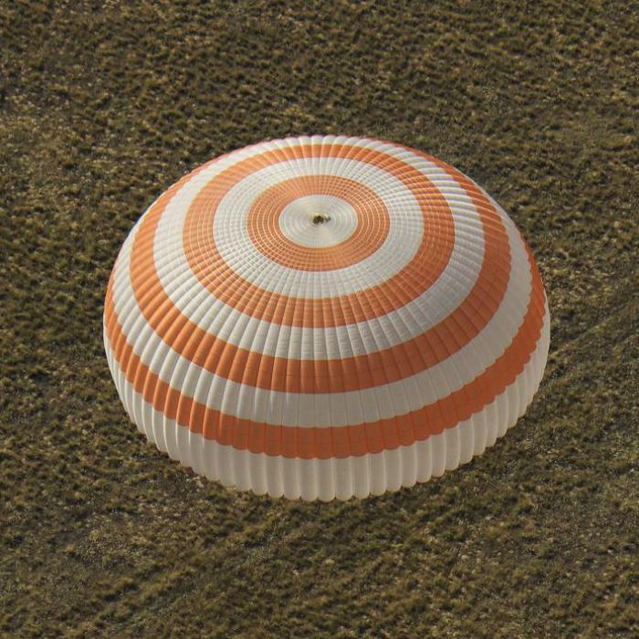 A Soyuz capsule landing with parachute