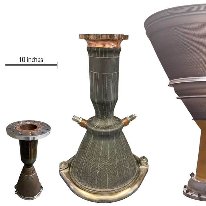Three printed engines capable of 2,500, 7,000, and 40,000 pounds of thrust, from left to right