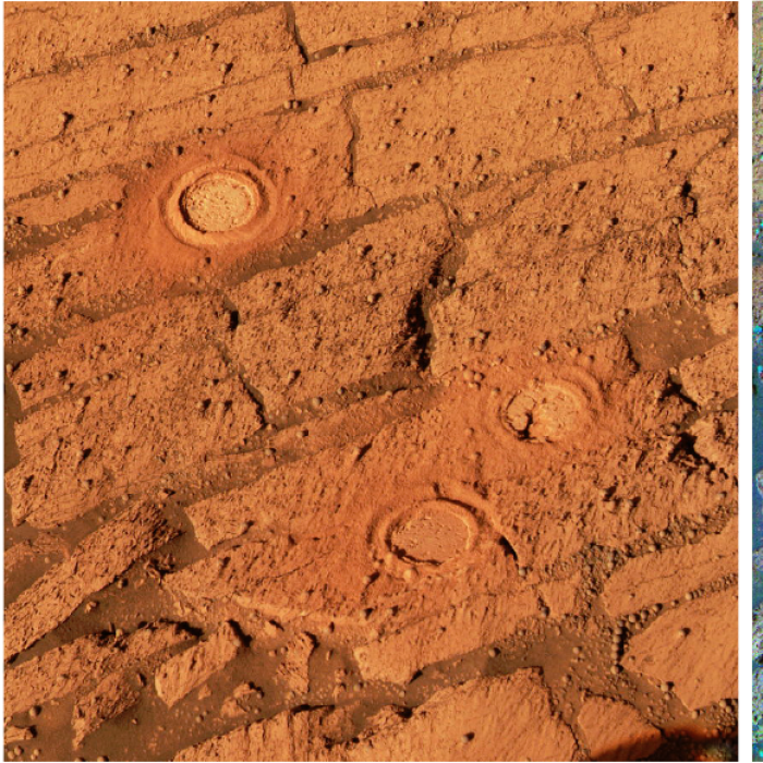 Side-by-side images of stratified rock with three circular craters, the left with real-life orange-brown coloration, and the right emphasizing variation with blues and greens along rock strata, red around the circles, and magenta and light blue inside the circles. 