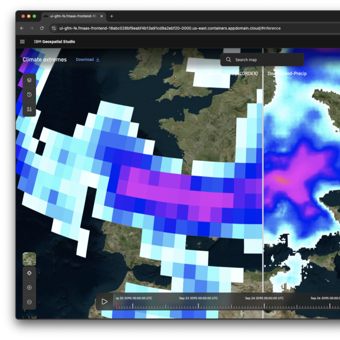 Side-by-side satellite images of a dark green landmass overlaid with white blue and magenta cloudlike shapes that are more pixilated in the image on the left and smoother on the right. 