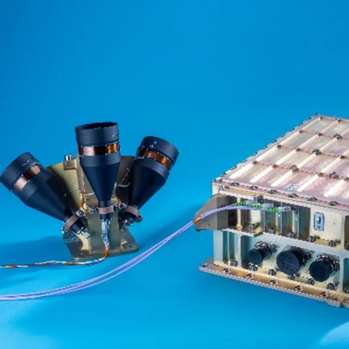 NDL is pictured with its three telescopes and the chassis that contains the electronics and photonics