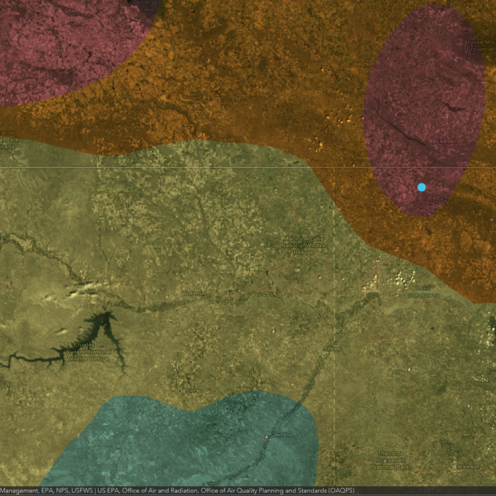 A colorized map on the left, accompanied by an analysis panel on the right called “Air Quality Index” that includes charts labeled “Wind Speed” and “Population.” 