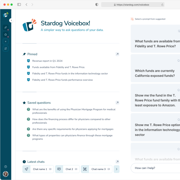 A screenshot of the Stardog Voicebox software, with example questions that can be asked of the user’s financial data. 