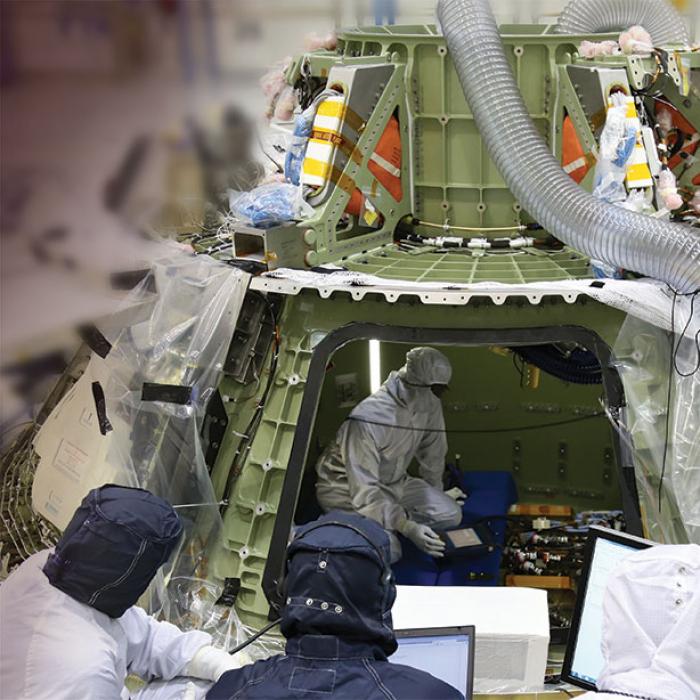 This 2013 test of Orion’s avionics systems shows some of the capsule’s complex wiring. Smith’s Connectors developed rugged, reliable devices to move large amounts of data around the spacecraft, even in extreme environments. Technicians working on Orion capsule