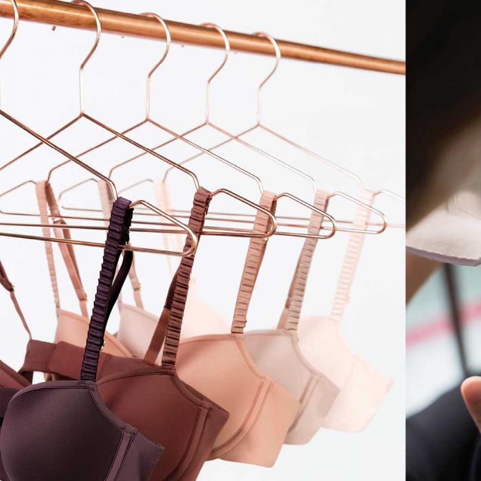 Bras hang on hangers in a closet, and a bra being made by hand