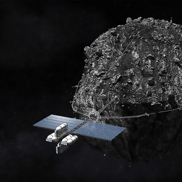 DSI ultimately wants to set up asteroid mining operations with spacecraft like this harvester concept. Any machinery bound for an asteroid, though, first needs to be tested in asteroid simulant to see how it will perform. Rendering of a “harvester” spacecraft tethered to an asteroid