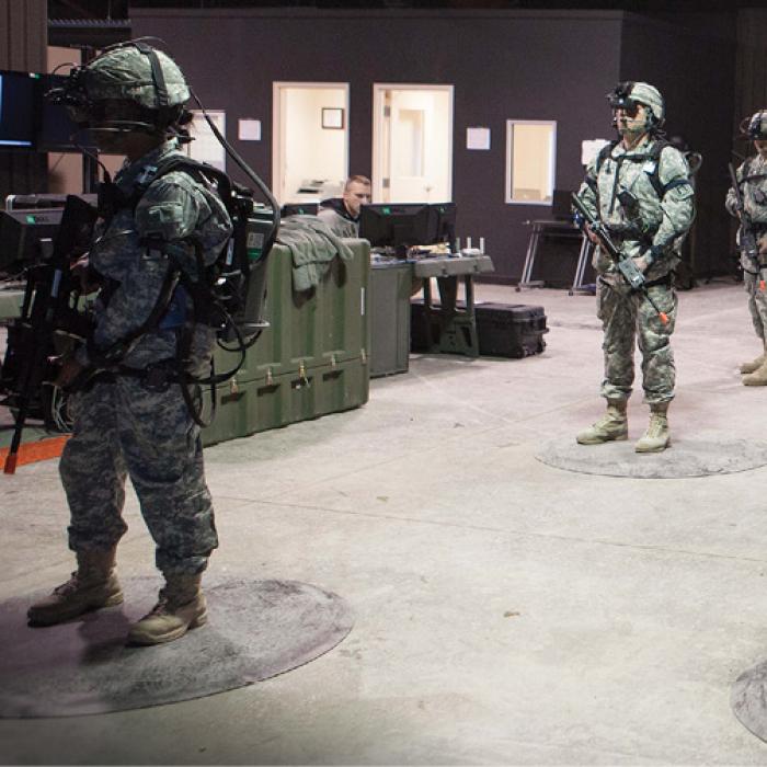 Troops wearing virtual reality gear prepare for training