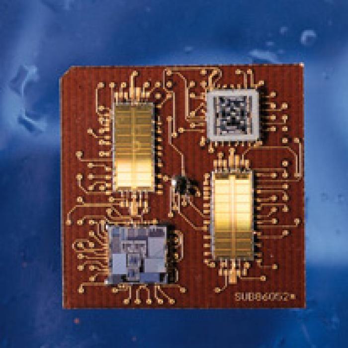 electronic circuit is coated with an inorganic moisture barrier and pictured on a blue background