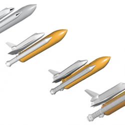 Progressive renderings of the Space Shuttle, external fuel tanks, and boosters showing increased level of detail