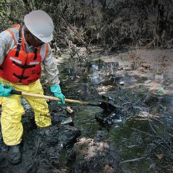 Worker cleaning an oil spill