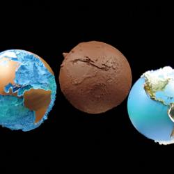 Two different Earth raised relief globes and one Mars raised relief globe