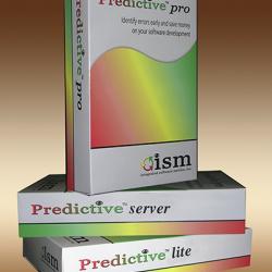 The Predictive product suite analyzes and predicts defects in software projects, allowing the user to identify the best metrics and thresholds to apply across one or more projects. Product packaging for the Predictive Pro, Server, and Light software products