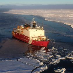 A U.S. Coast Guard cutter moves through Arctic ice.