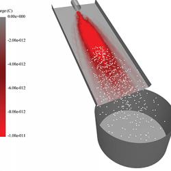 Computer simulation of particles descending a ramp into a bucket