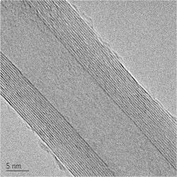 This transmission electron microscope high-resolution image shows aligned, high-quality, low-impurity carbon nanotubes grown by a novel process and system invented at Glenn Research Center. Carbon nanotubes