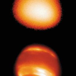 Infrared images of Neptune, before (top) and after (bottom) an adaptive optics system improved resolution