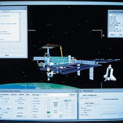 Screen shot of the EZopt program running a simulation of Space Shuttle docking trajectories