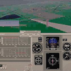 Screen shot from simulation software displays a complete aircraft control panel