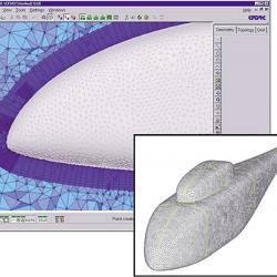 Screen shot of CFD-GEOM 3-D mesh-generation tool, with a 3-D model overlay