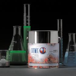 A labeled container of Catize, situated among beakers filled with other substances