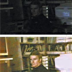 examples of video enhancement of a man in an office one dark, one lighter