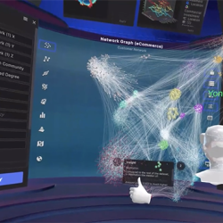 A researcher examines a data cloud in a virtual world created by Virtualitics software