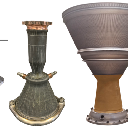 Three printed engines capable of 2,500, 7,000, and 40,000 pounds of thrust, from left to right