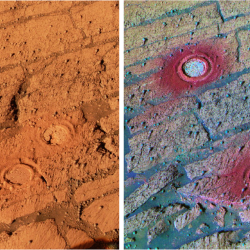 Side-by-side images of stratified rock with three circular craters, the left with real-life orange-brown coloration, and the right emphasizing variation with blues and greens along rock strata, red around the circles, and magenta and light blue inside the circles. 