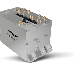 A metal satellite component with the Argotec logo on the side.