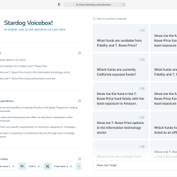 A screenshot of the Stardog Voicebox software, with example questions that can be asked of the user’s financial data. 