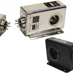 The larger silver-colored unit is a current sensor American Aerospace Controls supplied for the Hubble Space Telescope and similar programs, while the smaller one is a more recent sensor the company supplies for satellite launch vehicles. Both are space-qualified, radiation hardened, and hermetically sealed to eliminate electromagnetic interference. The two black current sensors are used on NASA’s RQ-4 Global Hawk and the U.S. Navy’s MQ-8 Fire Scout, where they monitor the unmanned aerial vehicles’ main electrical distribution systems. The company based them on designs originally created for the Shuttle program. Current sensors