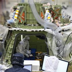 This 2013 test of Orion’s avionics systems shows some of the capsule’s complex wiring. Smith’s Connectors developed rugged, reliable devices to move large amounts of data around the spacecraft, even in extreme environments. Technicians working on Orion capsule