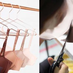 Bras hang on hangers in a closet, and a bra being made by hand