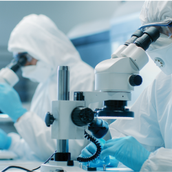 Workers in clean-room suits look through microscopes