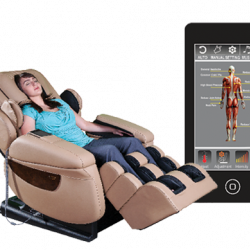 A woman reclines in a i7PLUS massage chair and a cell phone with a screen showing the app that controls the chair